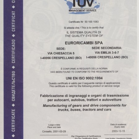 Certyfikat Euroricambi TUV